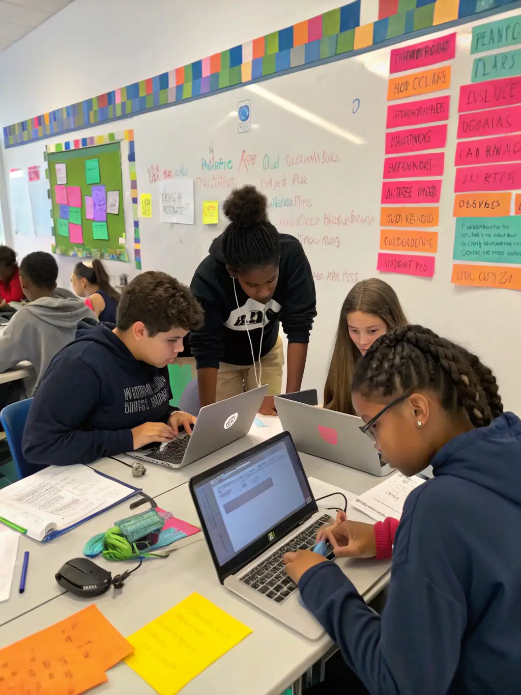 A diverse group of students collaborating on a game development project in a modern, well-equipped classroom setting, showcasing teamwork and practical application of skills.