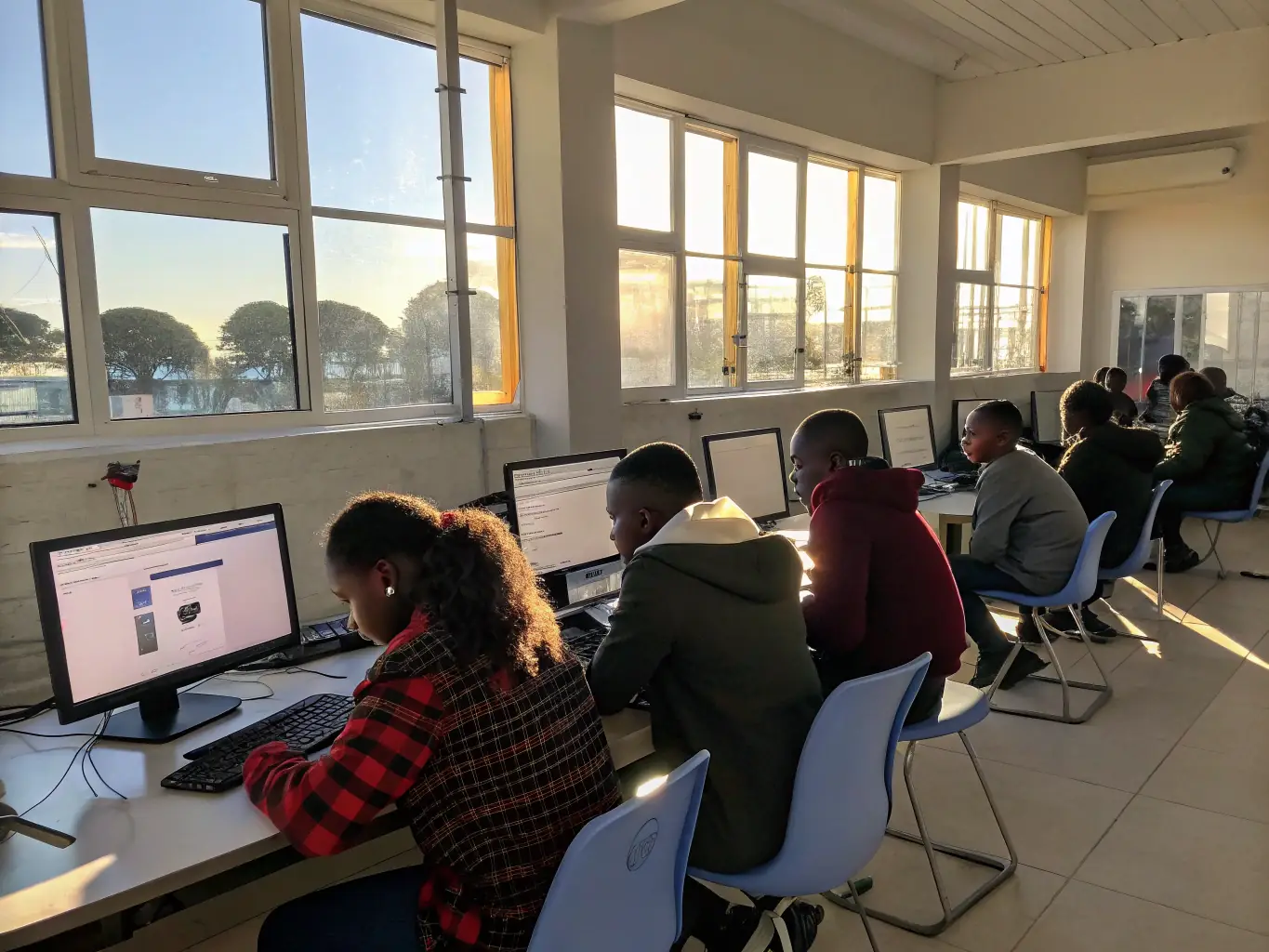 A classroom scene showing students working on computers with Unity game development software open, highlighting active learning and collaboration.