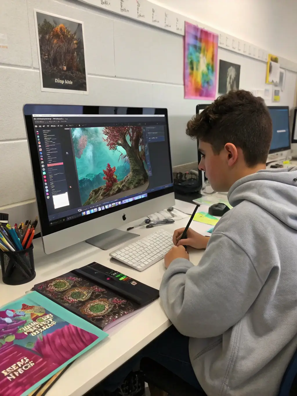 A student using industry-standard game development software (Unity or Unreal Engine) with a user-friendly interface, highlighting the accessibility of the tools.