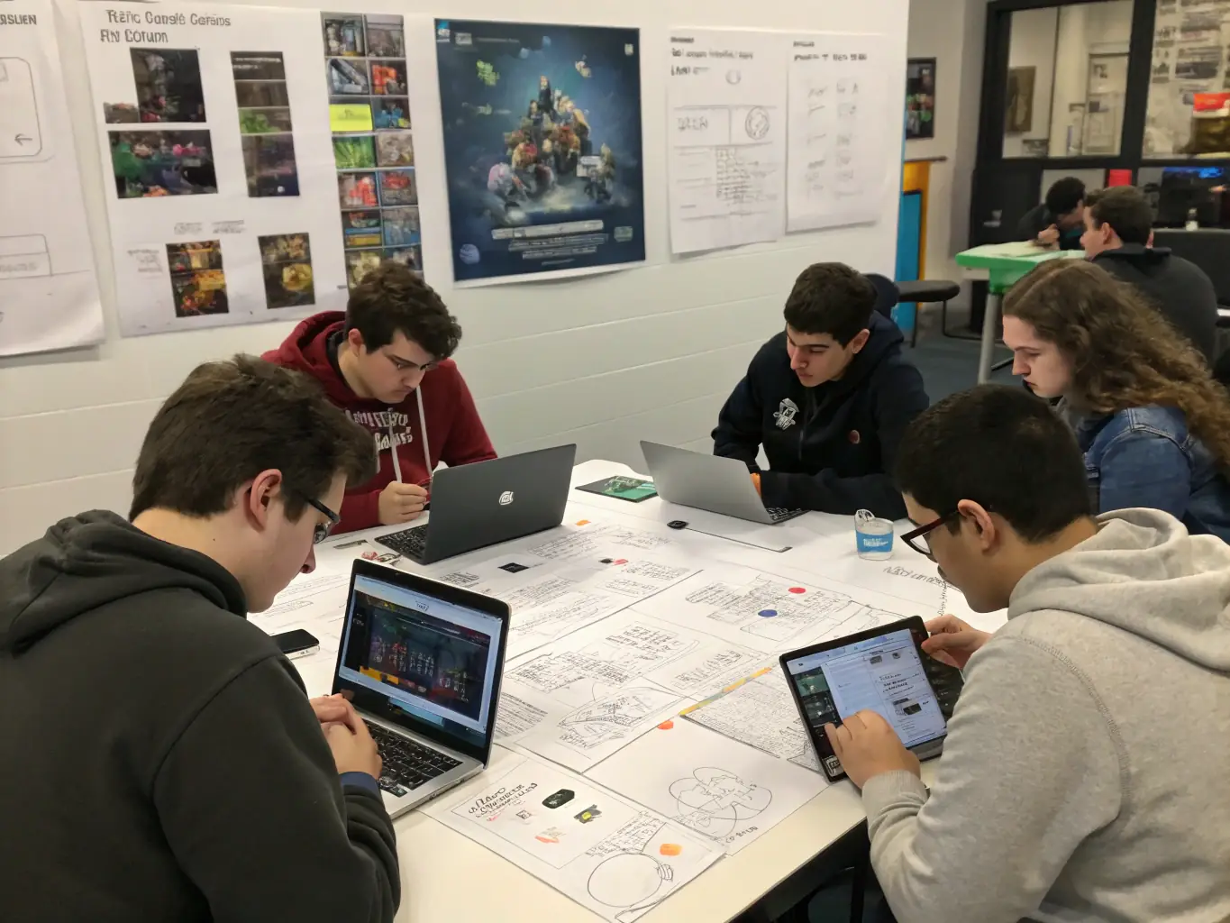 A group of students collaborating on a game development project, showcasing teamwork and practical application of learned skills.